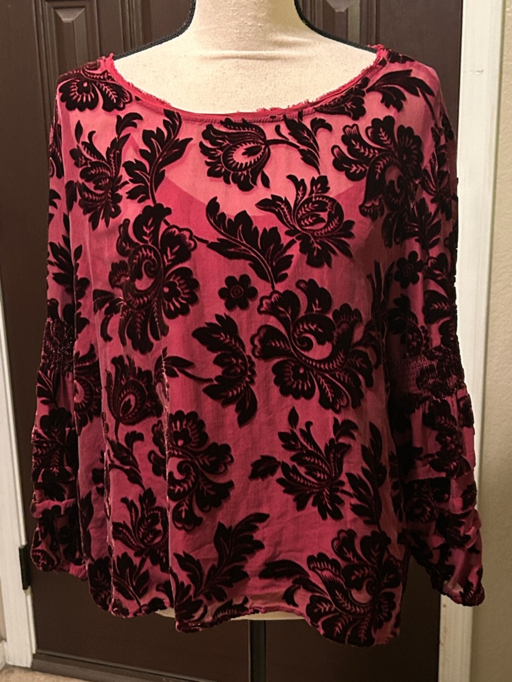 Sundance Romantic Red Velvet Burnout Silk Blouse